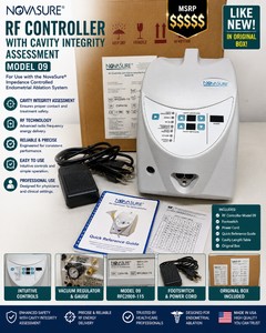 MSRP $$$$$ NOVA SURE RF CONTROLLER WITH CAVITY INTEGRITY ASSESSMENT, MODEL 09, REF RFC2009-115, POWERS ON, INCLUDES FOOTSWITCH, POWER CORD &amp MANUALS, FOR ENDOMETRIAL ABLATION SYSTEM LIKE NEW IN ORIGINAL BOX WORKS