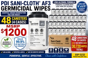 MSRP $1,200 NEW 4 CASES (48 CANISTERS) PDI SANI-CLOTH AF3 WIPES, LARGE GERMICIDAL LOW-ALCOHOL DISINFECTANT WIPES, ALCOHOL &amp FRAGRANCE FREE, SAFE FOR SENSITIVE MEDICAL EQUIPMENT, JANITORIAL, VET, EMS, LAB &amp CLINIC USE, EXP 1222 TESTED EXCELLENT
