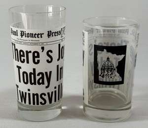 (2) 1965 Theres Joy In Twinsville St. Paul Pioneer Press Vintage Minnesota Twins Baseball Glasses