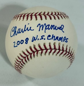 Charlie Manuel Autograped Inscribed 2008 WS Champs Rawlings OMLB Selig Baseball
