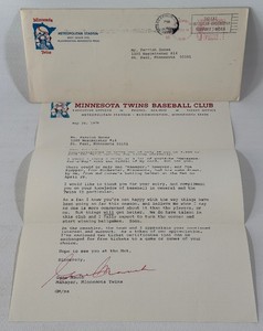 Gene Mauch Autograhed (Twins Manager)1978  Vintage Letter w Twins Met Stadium Envelope - Basbeall