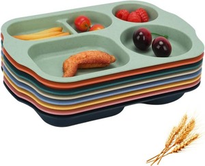 $16 12-Inch Unbreakable Divided Plates, 8-Pack Microwave & Dishwasher Safe Wheat Straw Plates, BPA-Free, 5-Compartment Portion Control Plates, Durable Dinnerware