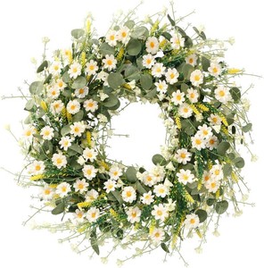 $29 Sggvecsy White Daisy Wreath 24 Inch with Fake Silk Floral Green Eucalyptus Leaves and Lavender for Spring Summer Front Door Window Wall Wedding Farmhouse Festival Decor
