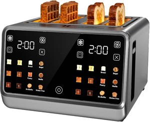 $110 4 Slice Toaster Wide Slot with Dual Digital Touchscreen, 1800W Smart Toaster Stainless Steel Independent Control Panel, Single Slot Mode Timer for Bagels Bread, 6 Toast Shades