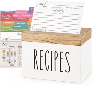 $14 Dahey Wooden Recipe Box White Recipe Organizer with 100 Recipe Cards and 6 Dividers, Recipe Card Holder Box Set with Lid and Slots to Write in Your Own Recipes for Cooking Lover Kitchen, 6.9x4.3