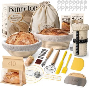 $32 BAVIFY Sourdough Starter Kit, Banneton Bread Proofing Baskets Set, Sourdough Bread Baking Supplies Making Tools with Dough Scraper, Whisk, Bread Lame, Recipe, 1 Round 1 Oval 1 Jar Gift Set
