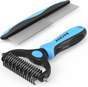 $20 Docrok Pet Grooming Combo - Blue Deshedding Brush with Metal Comb for Detangling and Dematting Long, Matted Fur on Cats and Dogs