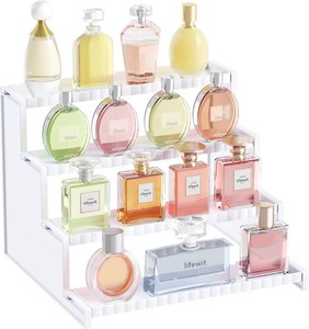 $16 Lifewit 4 Tier White Display Riser Stand with Decorative Secure Fences, Tool-free Assembly, Plastic 12 Inch Perfume Organizer, Display for Figures, Cupcake, Dessert, 1-pack