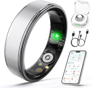 $35 Smart Ring for Women Men, Health Fitness Tracker Ring with Heart RateSleep TrackerBlood OxygenHRVStressCalorieSteps, IP68 Waterproof for iOS & Android, No APP Fees(Silver,6#)