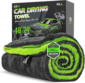 $26 KKV Full-Sized SUV Drying Towel, 48x24 Dual Sided Microfiber Car Cleaning Towel with Twisting Yarn Technique, 1400GSM Super Absorbent, Scratch-Free, Machine Washable (Darkgray-GreenYellow)