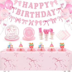 $16 226Pcs Pink Bow Birthday Decorations Serve 25, Coquette Birthday Party Supplies Include Plates Napkins Cups Banner Tablecloth Balloons Honeycomb Centerpieces for Girls & Women