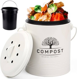 $21 Perfnique Kitchen Compost Bin, 1.3 Gallon Countertop Compost Bin with Lid, Indoor Compost Bucket Includes Inner Bucket Liner and Carbon Filter, Small Compost Bin (Without Bags, Cream)