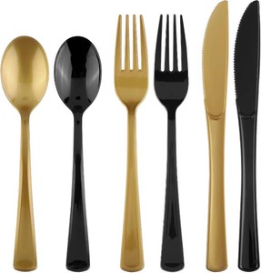 $29 Kochorie 300 Pieces Graduation Black and Gold Plastic Silverware Heavy Duty Plastic Cutlery Set Disposable Flatware Includes Spoons Forks Knives for Party Supplies