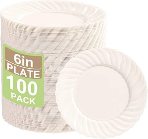 $23 U-QE 100 Count 6 Inch Ivory Plastic Plates - Scalloped Dessert Plates Disposable - Premium Fancy Disposable Heavy Duty Party Supplies for Party, Celebrations, Weddings and Events