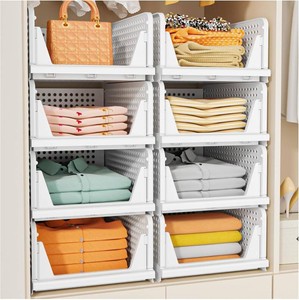 $34 SNSLXH 5 Pack Stackable Closet Storage Basket, Multifunctional & Foldable Closet Organizer for Bathroom Kitchen Laundry Room Wardrobe Storage, Space-Saving Clothes Storage Drawer Organizer, White