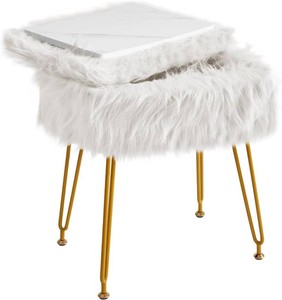 $23 IBUYKE Rectangular Faux Fur Vanity Stool with Storage, Furry Makeup Chair Ottoman, Soft Padded Seat, Round Footrest Footstools with 4 Metal Legs, for Living Room Bedroom Entryway, White WBD022W