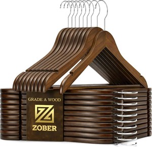 $23 ZOBER Wooden Hangers - Heavy Duty, Non Slip Wood Hangers for Coats, Jackets, Suits, & Pants - Coat Hangers for Closet WBar and Notches 20 Pack