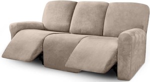 $50 ULTICOR Velvet 8-Pieces Recliner Sofa Covers Stretch Reclining Couch Covers for 3 Cushion Reclining Sofa Slipcovers Furniture Covers Thick Soft Washable (3 Seater Recliner Cover, Taupe)