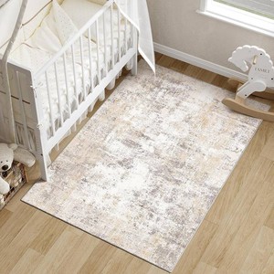 $37 3x5 Washable Area Rug Beige Grey Abstract Non Slip Soft Low Pile Rug for Entryway Kitchen Bathroom Neutral Modern Throw Carpet for Living Room Bedroom Home Decor