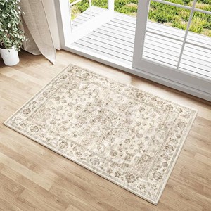 $20 2x3 Washable Neutral Area Rug Beige Vintage Entryway Kitchen Carpet Non-Slip Soft Low Pile Farmhouse Indoor Small Throw Rug for Bedroom Bathroom Entrance