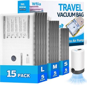 $25 15 Packs Vacuum Bags for Travel with Rechargeable Pump, 3 Sizes Vacuum Seal Bags for Clothing, Compression Vacuum Travel Bags for Luggage, Vacuum Packing Bags for Closet Organization