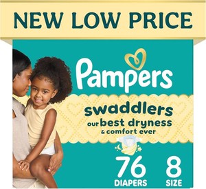 $57 Pampers Swaddlers Diapers, Size 8 (30 lbs), 76 Count, Hypoallergenic, Absorbent, Keeps Baby Dry and Comfortable, Skin Safe Disposable Baby Diaper