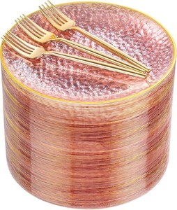 $40 DaYammi 240Pcs Pink Plastic Plates Including 120Pcs Pink Dessert Plates and 120Pcs Gold Plastic Forks,Hammered Party Plate,pink and Gold Appetizer plates Heavy duty Disposable Cake Plate for Party