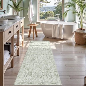 $28 Sage Green 2x6 Runner Rug for Hallways Bed Side Kitchen, Boho Washable Distressed Low-Pile Floor Entryway Long Bathroom Mat, Non-Slip Laundry Room Washstand Front Carpet Green 24x72 Inch