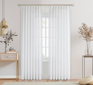 $47 Central Park White Pinch Pleated Sheer Curtain Panels Textured Window Treatment Drape Farmhouse Rustic for Living Room Bedroom, 40x95x2