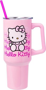$16 Silver Buffalo Sanrio Hello Kitty Waving Double Walled Stainless Steel Tumbler with Handle and Straw, Fits in Standard Cup Holder, 40 Ounces (missing straw)
