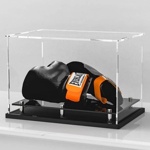 $28 Clear Boxing Glove Display Case,Self-Assembly Acrylic Baseball Glove Display case for Full Size,Football Glove Display Case Holder Showcase.Baseball Mitt Ball Display Case with Black Base Riser Stand
