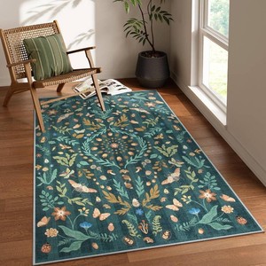 $37 Lahome Chloe Insect Botanical 3x5 Washable Kitchen Rugs for Entryway, Soft Green Bedroom Rug, Boho Floral Non Slip Indoor Throw Carpet for Bathroom Laundry Living Room(Dark Green,3x5)