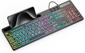 $16 MARVO Large Print Backlit Keyboard, WK712 Wired Computer Keyboards with 7 Colors & 11 Modes Backlight, Tablet Phone Holder and Quiet Light Up Keys, Full-Size Gaming Keyboard for Windows, Mac
