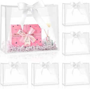 $13 Ohuimrt Clear Plastic Gift Bags with Handles, 12 Pack, White  12 x 10 x 5 Inch, Reusable, With Ribbon, Party Favor Bags, For Wedding, Bachelorette Party