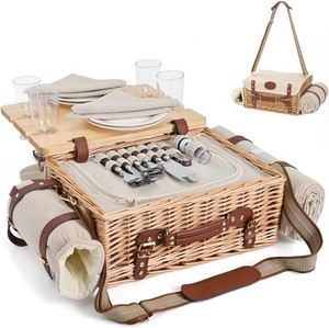 $56 Multifunctional Wicker Picnic Basket Set for 4 with Blanket and Picnic Table, Insulated Picnic Set with Full Tablewares for Camping Outdoor Couples,Natural
