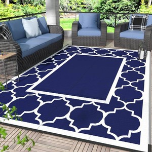 $38 GENIMO 6 x 9 Outdoor Rug Waterproof for Patio Fall Decor, Foldable Reversible Plastic Straw Area Rugs Mat for Camper, Outside Carpet for Rv, Deck, Porch, Picnic, Beach, Balcony, Blue & White