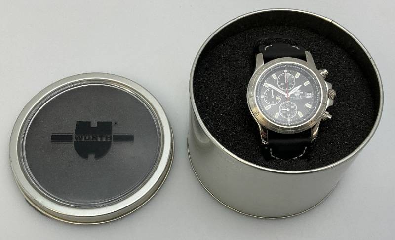 Vintage WURTH Mens Watch Black And Silver In Original Tin Container (New Old Stock)
