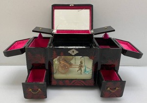 1950s Vintage japanese Black Lacquer Moving Rickshaw Light Up Music Box 5 12 x 8 x 13 14 (WORKS)