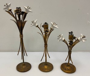 3 Antique Hollywood Regency Ceramic Lillies Metal Candle Holders 9, 11 &amp 14