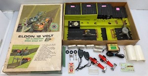 VERY COOL RARE 1965 ELDON 12 Volt Top Eliminator Drag Strip Set (Seems Complete) In Orignal Box