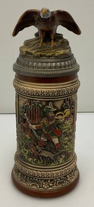 Antique GERZ German Beer Stein With Lid And Eagle On Top With Cherub And Hunting Theme And Stamp On Bottom 9 14