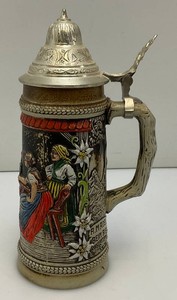 Antique GERZ German Beer Stein With Lid With People Gathered Theme And Stamp On Bottom 9 14