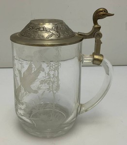 Unique Vintage Etched Glass Beer Stein Made In France With Lid And Water Fowl Theme 6
