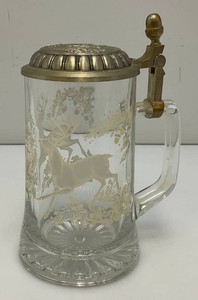 Unique Vintage Etched Glass Beer Stein With Lid And Stag Theme 6 14