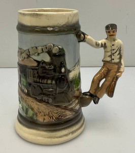 Vintage Ceramic Hand Painted Beer Stein With Train Theme Conductor Handle 6 34