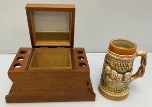 1950s Walnut Pipe Holder With Humidor For Tobbacco Storage 5 12 x 5 12 x 10 12 & The South Dakota BadlandsMount Rushmore Black Hills Beer Stein 7 With Chip On Handle