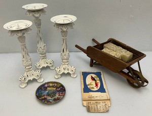 Group Of Misc. Collectible Items Including Wooden Wheelbarrow Planter 6 14 x 17 And More
