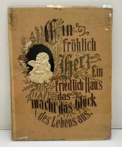 Antique German Paper Punch Needlepoint House Blessing With Cherub Behind Glass 12 x 16
