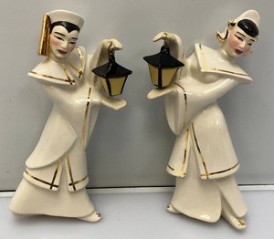 (RELISTED DO TO NO SHOW) 1950s Ceramic Arts Studio Manchu Lotus Lanterns Sculpture Figures Wisc.