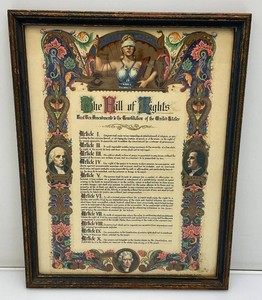 Vintage Framed Behind Glass THE BILL OF RIGHTS First Ten Ammendments To The Constitution Of The United States J.R. Rosen &amp A. E. Hilton Courtesy Of Valley National Bank 13 x 17